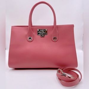 Auth Jimmy Choo Large Pink Leather Suede Sides 2way Riley Tote Crossbody Bag